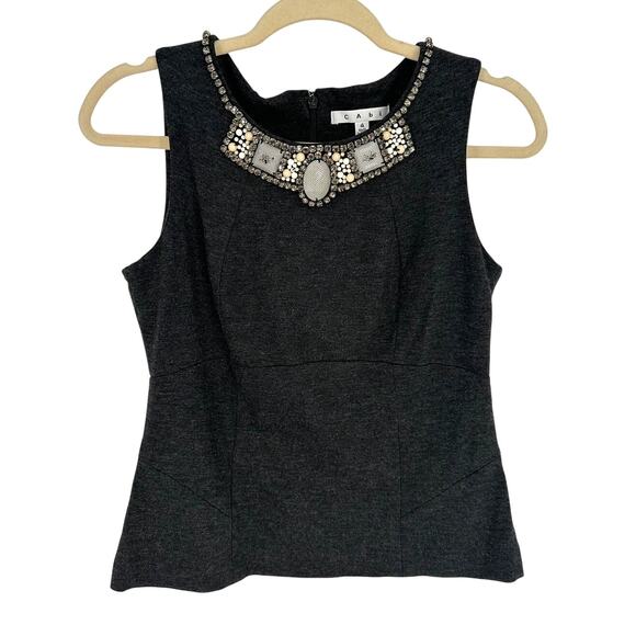 Cabi Beaded & Jeweled Collar Blouse Sleeveless Charcoal Gray Office Party Size 4 - Picture 1 of 7